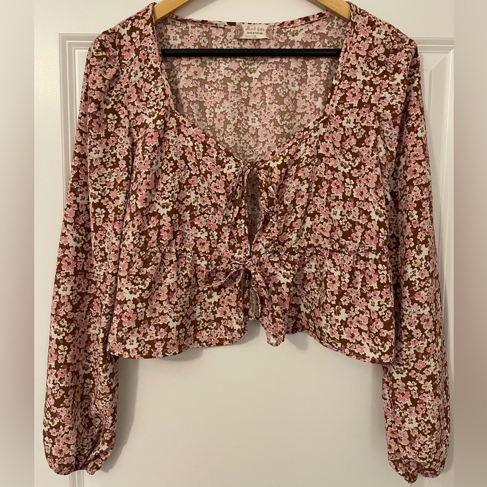 Altar’d State Floral Pink and Brown Women's Spring Two Tie Front Top